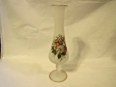 Vintage Frosted Glass Pedestal Bud Vase Hand Painted Primrose Flowers Floral • $21