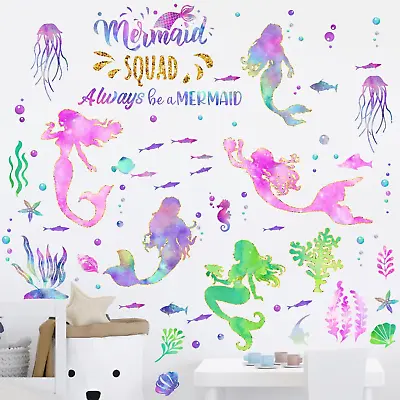 2 Sheets Large Mermaid Wall Decals Girls Glitter Wall Decals Mermaid Bedroom Wal • $10.58