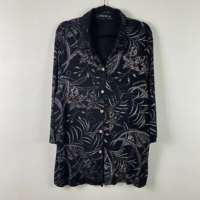 Vikki Vi Slinky Knit Button Up Shirt Size 2X Black Tropical Floral 3/4 Sleeves • $21.95