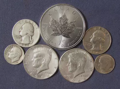 Lot 6 Us Silver Coins & Canada 1 Oz 9999 Silver 5 Dollar 1964 & 1964 Us Half $ • $50