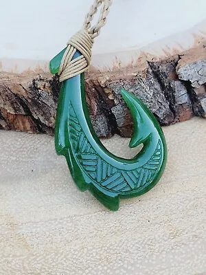 Hawaiian Natural Jade Fish Hook Necklace Hand Carved Jade Hook Adjustable Choker • $32.95