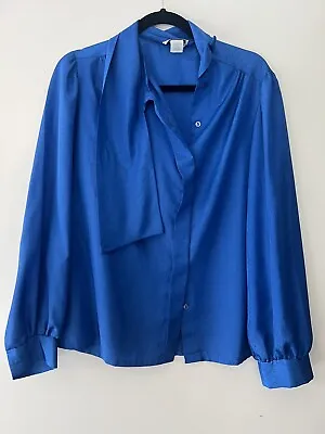 Vintage Judy Bond Blouse Women’s 14 Bright Blue Fancy Neckline Button Down • £25.06