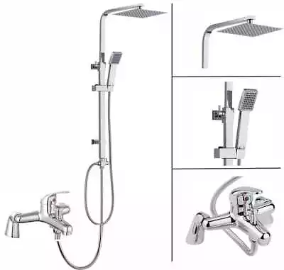 Shower Kit Twin Head Chrome Square Fixed Head Riser Rail With Bath Mixer Tap Set • £29.95