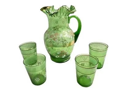 $99 • Buy Antique EAPG Dugan Green Glass Swirl Pitcher W/etched Flowers + 4 Glasses