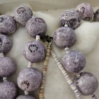 Vintage Huge Purple Lilac Coral ROUND & HEISHI Bead Necklace 32 Inch • $28.99