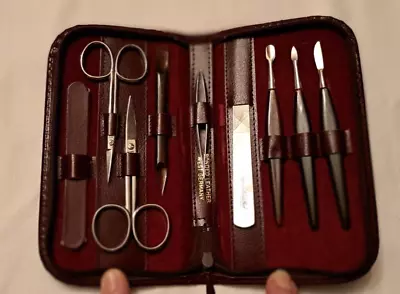 Vintage Manicure Set • Burgandy  Bonded Leather Zipper Case • Tools  Germany • $20