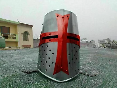 Medieval Brass Templar Crusader Helmet SCA LARP Great Helmet Knight Halloween • $62.99