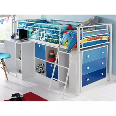 Blue/White Kids Mid Sleeper Bunk Bed/Cube Storage/Pull Out Desk/Chest Of Drawers • £349.99