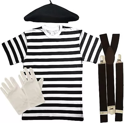 Men's French Man Mime Artist Beret Shirt Braces & Gloves Fancy Dress Costume Set • £14.99