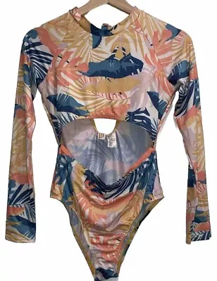 Swimsuit M One Piece Ocean Pacific Long Sleeve High Cut Tie Back Tropical Print • £38.55