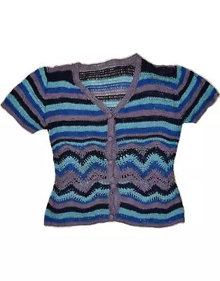 VINTAGE Womens Short Sleeve Crochet Cardigan Top UK 10 Small Blue Striped AT84 • $21.68