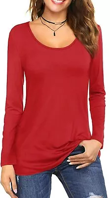 Women Long Sleeve Round Scoop Neck Plain T-Shirt Ladies Fitted Summer Top 8-26 • £9.49