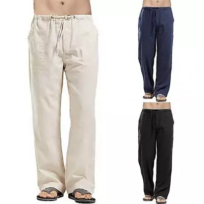 Mens Linen Baggy Tracksuit Bottoms Joggers Straight Pants Casual Loose Trousers • $21.99