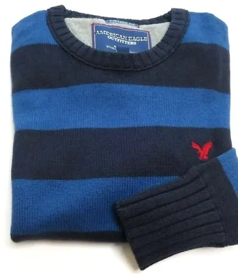 American Eagle Wool Crew Neck Sweater Vintage Fit Blue Striped Cotton Mens NEW • $19.99