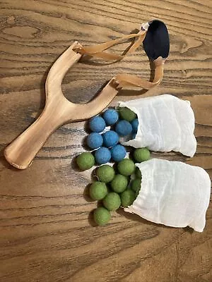 Vintage Slingshot Natural Wood Handle  Sport Playing Toy With Balls • $19.99