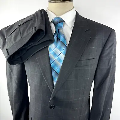 Jos A Bank Mens 43R 2 Piece Dark Gray Windowpane Suit 100% Wool 37x30 Pants • $72.95