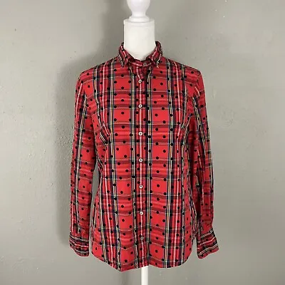 J.Crew $89 Slim Perfect Shirt Size 4  Red Stewart Tartan Plaid Velvet Dots AU270 • $30