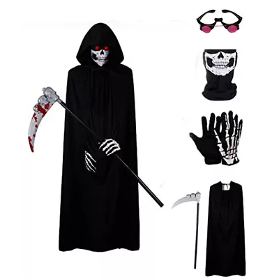 Kids Adults Halloween Grim Reaper Cosplay Costume Robe With Scythe Gloves Outfit • £16.05