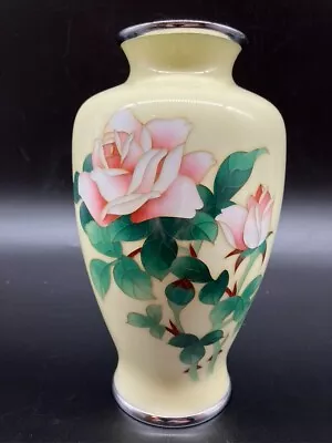 Japanese Pale Yellow Rose And Foliage Decorated Cloisonne Vase • £40.15