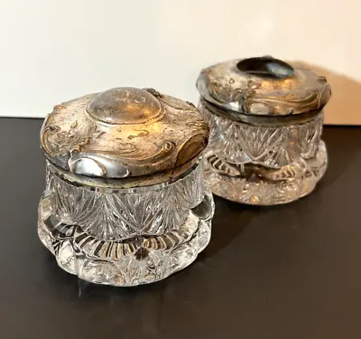 Antique Vintage Silver Plate & Heavy Crystal Vanity Jar & Hair Receiver 2 Pc Set • $44.95