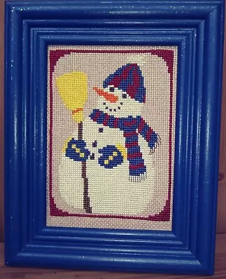 Vintage Hand Embroidered Snowman Framed Wall Art Picture Counted Cross-Stitch • $15.99