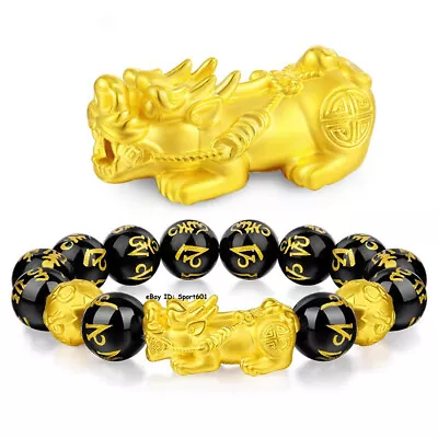 Real 999 24K Yellow Gold 3D Pixiu With Six-word Motto Black Agate Beads Bracelet • $388.55