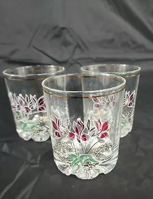 Vintage Italian Clear Gold Pink Iris Lowball Rocks Cocktail Glasses Set Of 3 • $22.99