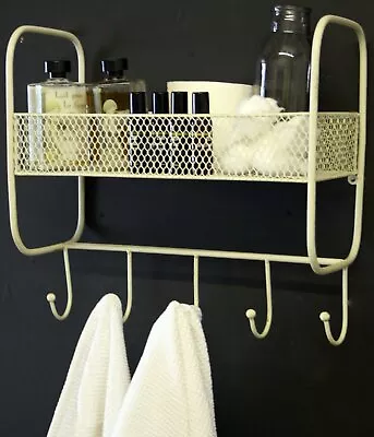 Mesh Wall Shelf With 5 Hooks Cream Metal Hanging Basket Storage Display Rack • £31.95