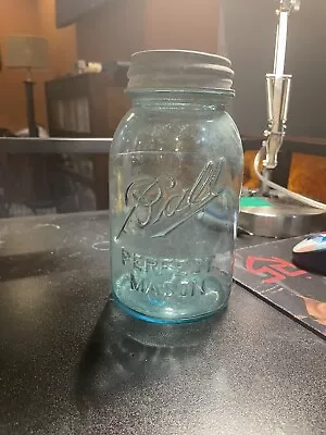 Vintage BALL Blue Green Glass Perfect Mason Canning Jar Zinc Lid Quart #6 • $6.99