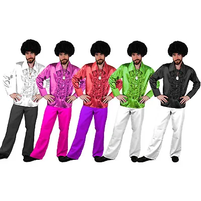 Mens 1970's Disco Ruffle Shirts Flares Adults Fancy Dress Costume 70s Frilly Top • £13.99