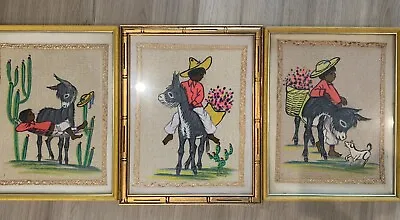 3 Vintage Mexican Art Burlap Signed Baena Watercolor Framed Painting Boy Donkey • $85