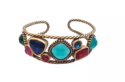 Vintage Cuff Bracelet Multicolor Faceted Glass Stones Textured Copper Gold Tone • $23