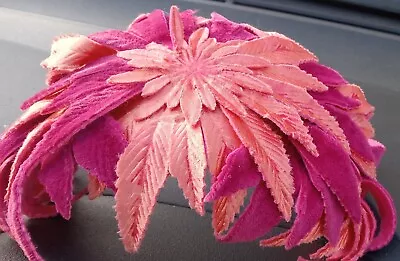 Vintage Late 1950s Bright PINK + CORAL VELVET FLORAL HAT  ~ Flower W/ Leaves • $13.95