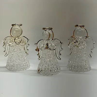 Vintage Spun Glass Angel With Gold Trim Christmas Tree Ornament Set Of 3 In Box • $14.95