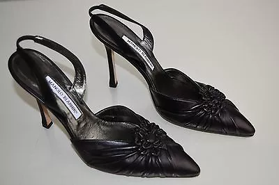 $875 NEW Manolo Blahnik Malattiasl BLACK Leather Slings CAROLYNE Pumps Shoes 39 • $385