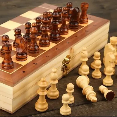 Magnetic Wooden Folding Chess Set Felted Game Board 9.5”x9.5”  Interior Storage • $19.99