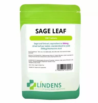 Sage Leaf 500mg Tablets 100 Pack Menopause Hot Sweats Flushes Lindens Supplement • £6.99