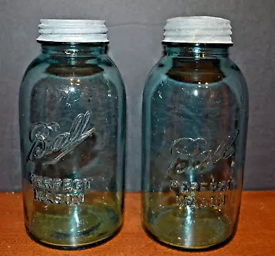 VTG BALL PERFECT Mason Jars 2 QT. AQUA Blue Glass PAIR Zinc Lids 1/2 GALLON • $30