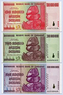 Zimbabwe 100 200 & 500 Million Dollars 2008 P80-P82 UNC Currency Bills • $78.40