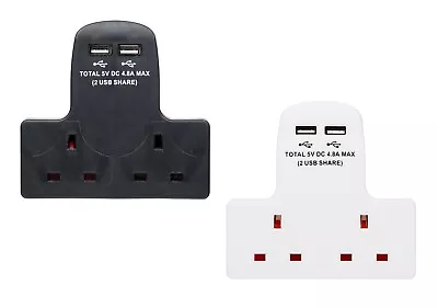 Set Of 2 - 2 Way Gang Multi-Plug 13A Wall Socket Adaptor With 2x USB Ports 4.8A • £12.49