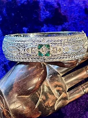 Antique~art Deco~filigree~rhodium~ Bangle Bracelet~green~clear Stones • $46