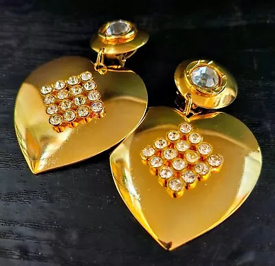 Vintage Gold Tone Italian Rhinestone Heart Clip On Earrings • $30