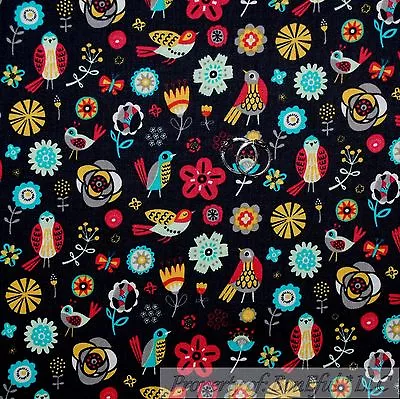 BonEful Fabric FQ Cotton Quilt Black Red Aqua Blue Mexican Flower Bird Folk Art • $6.47