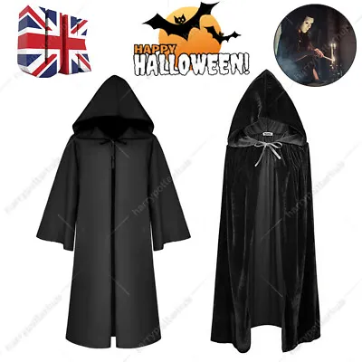 Halloween Cosplay Velvet Hooded Cloak Robe Medieval Witchcraft Cape Robe Costume • £9.99