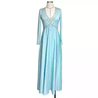 Vintage Victoria Royal Womens Size 10 Blue Beaded Detail 70s Maxi Gown • $200