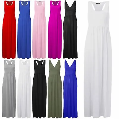 Womens Ladies Sleeveless Pockets Muscle Racer Back Stretchy Vest Long Maxi Dress • £4.89