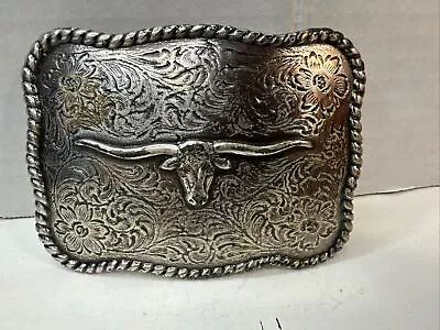 VINTAGE SILVERTONE  LONGHORN STEER COWBOY BULL BELT BUCKLE. Adult Size • $12.99