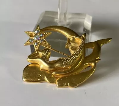 Vintage Kirks Folly Matte Gold Mermaid/Whales/Crescent Moon/AB Crystal Star Pin • $29