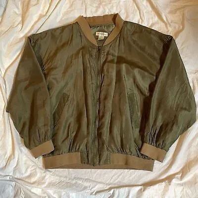 Vintage Bogari 100% Silk Green Bomber Jacket XL Classic Streetwear • $20
