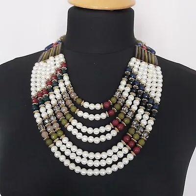 STATEMENT Multi Row Faux Pearl Plastic Beads Bib Art Deco Necklace Costume • £18.99